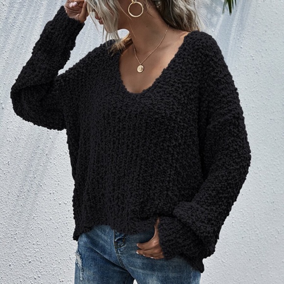 oversized off shoulder knit popcorn sweater Black - Picture 3 of 4